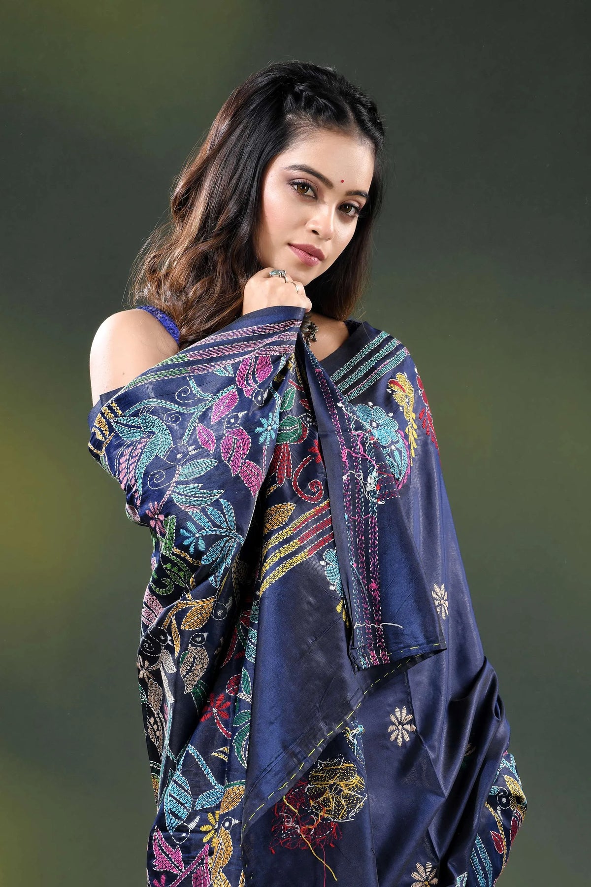 Navy blue silk kantha stitch saree with multicolor bird motif 2