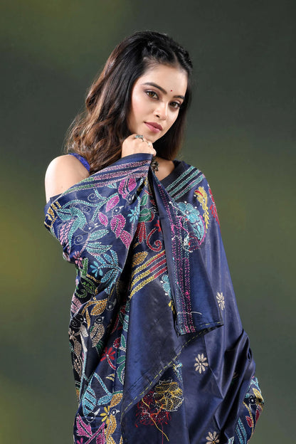 Navy blue silk kantha stitch saree with multicolor bird motif 2
