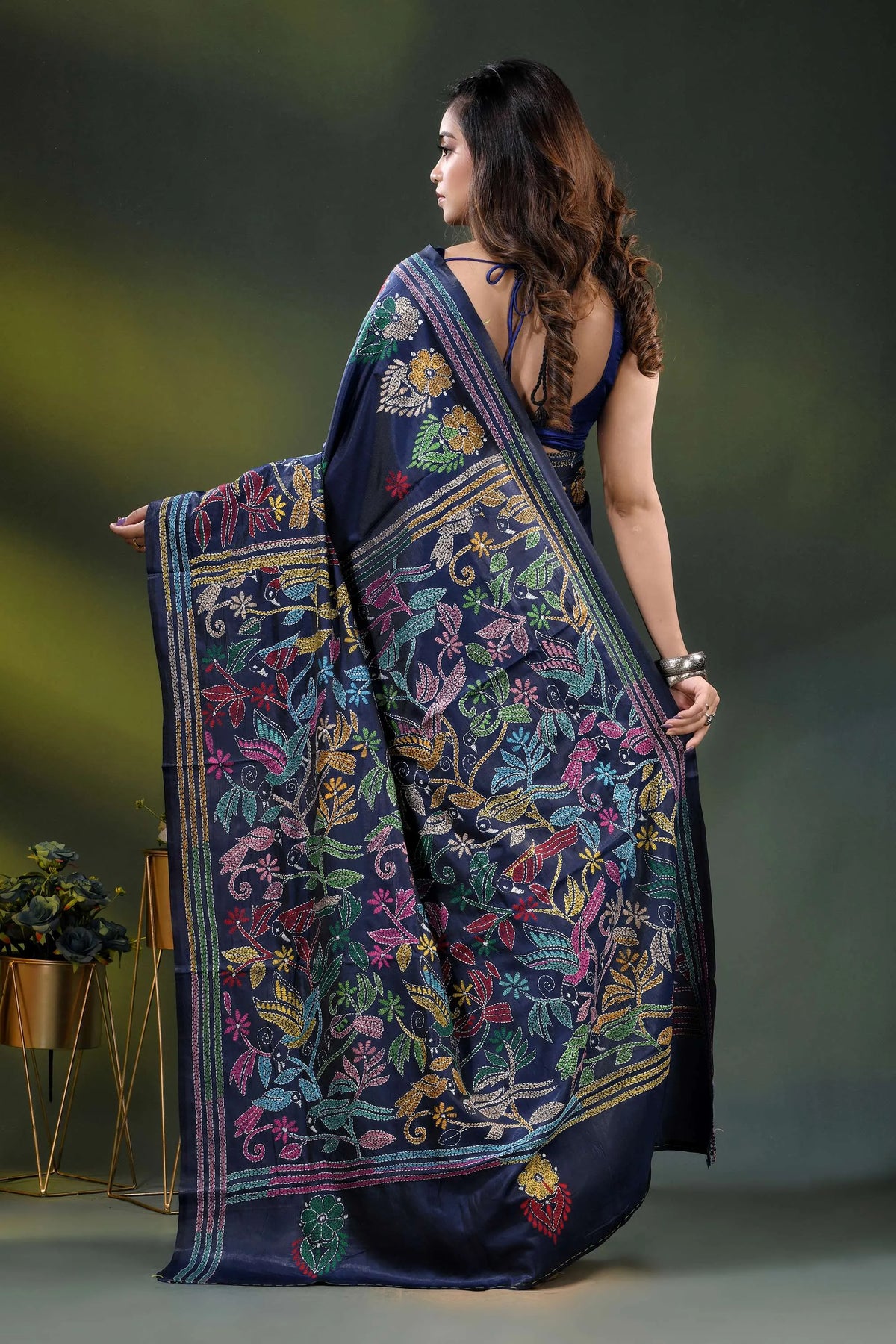 Navy blue silk kantha stitch saree with multicolor bird motif 5