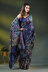 Navy blue silk kantha stitch saree with multicolor bird motif 4