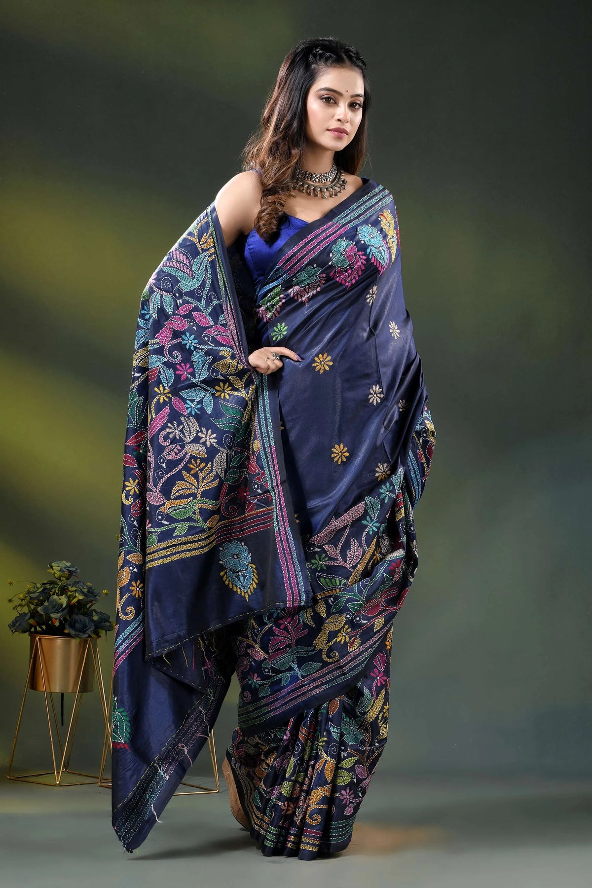 Navy blue silk kantha stitch saree with multicolor bird motif 4