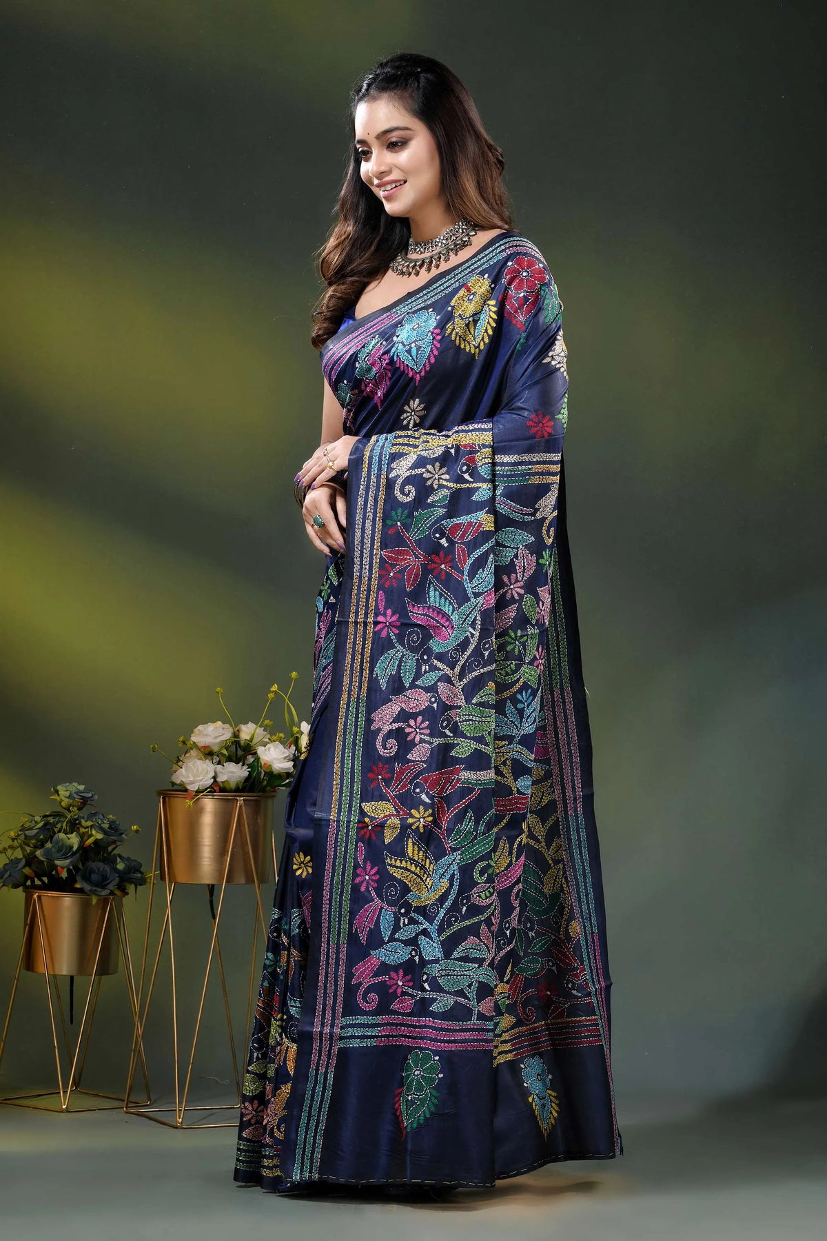 Navy blue silk kantha stitch saree with multicolor bird motif 3