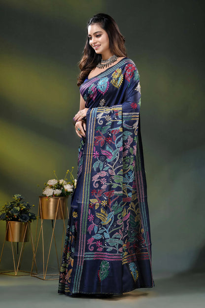 Navy blue silk kantha stitch saree with multicolor bird motif 3