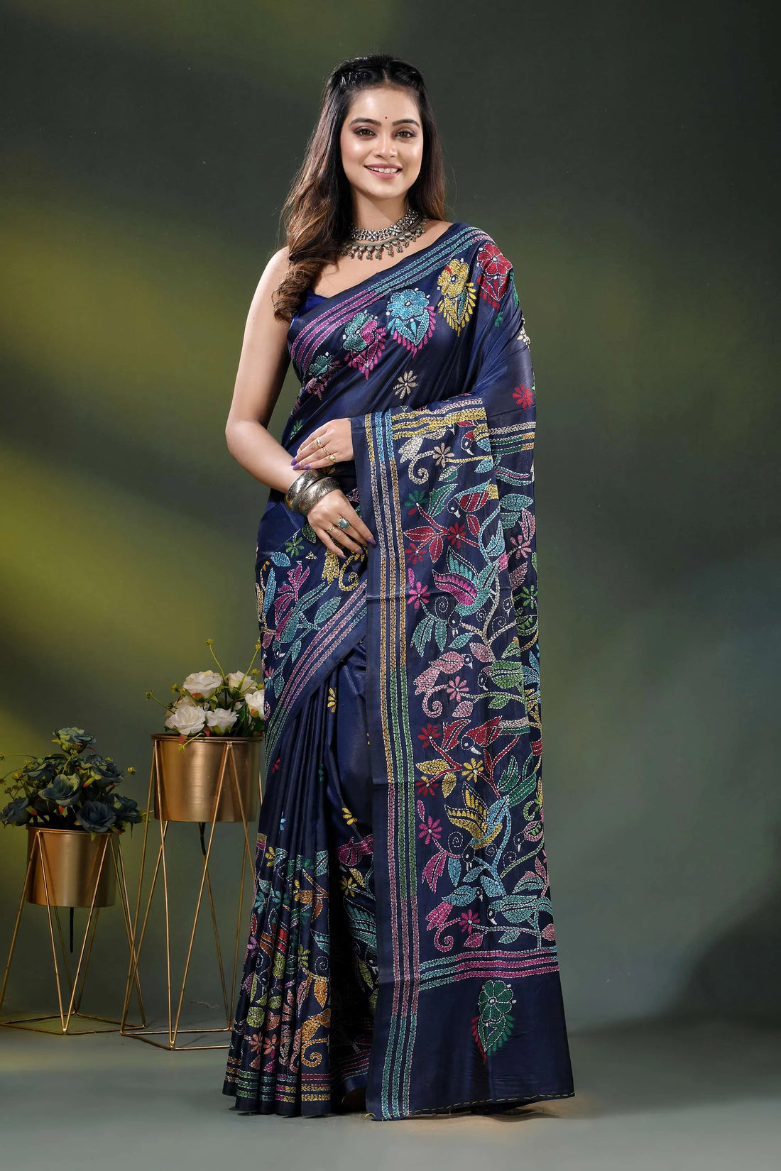 Navy blue silk kantha stitch saree with multicolor bird motif 1
