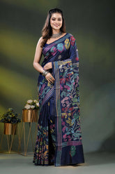 Navy blue silk kantha stitch saree with multicolor bird motif 1