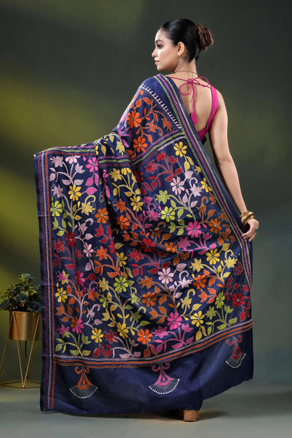 Navy blue silk kantha stitch saree with multicolor floral design 5