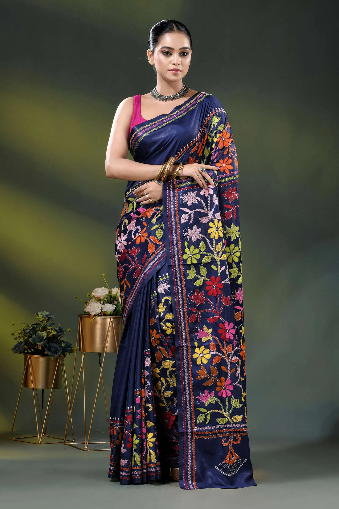 Navy blue silk kantha stitch saree with multicolor floral design 1