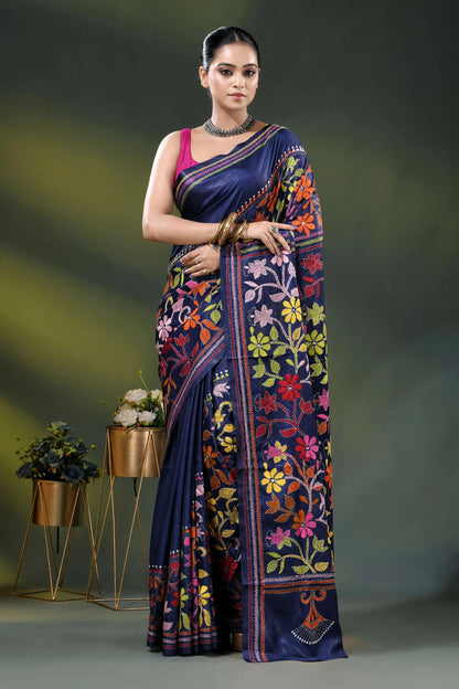 Navy blue silk kantha stitch saree with multicolor floral design 1
