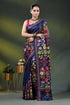 Navy blue silk kantha stitch saree with multicolor floral design 1