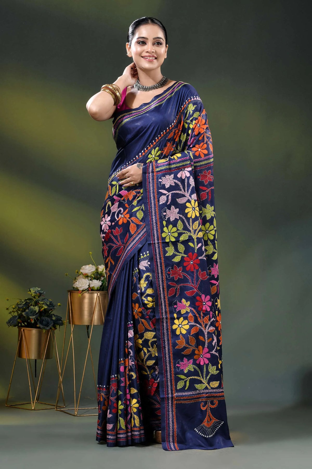 Navy blue silk kantha stitch saree with multicolor floral design 6
