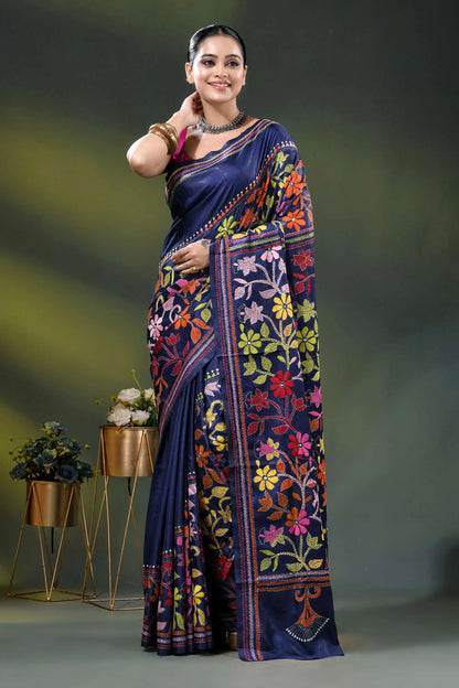 Navy blue silk kantha stitch saree with multicolor floral design 6