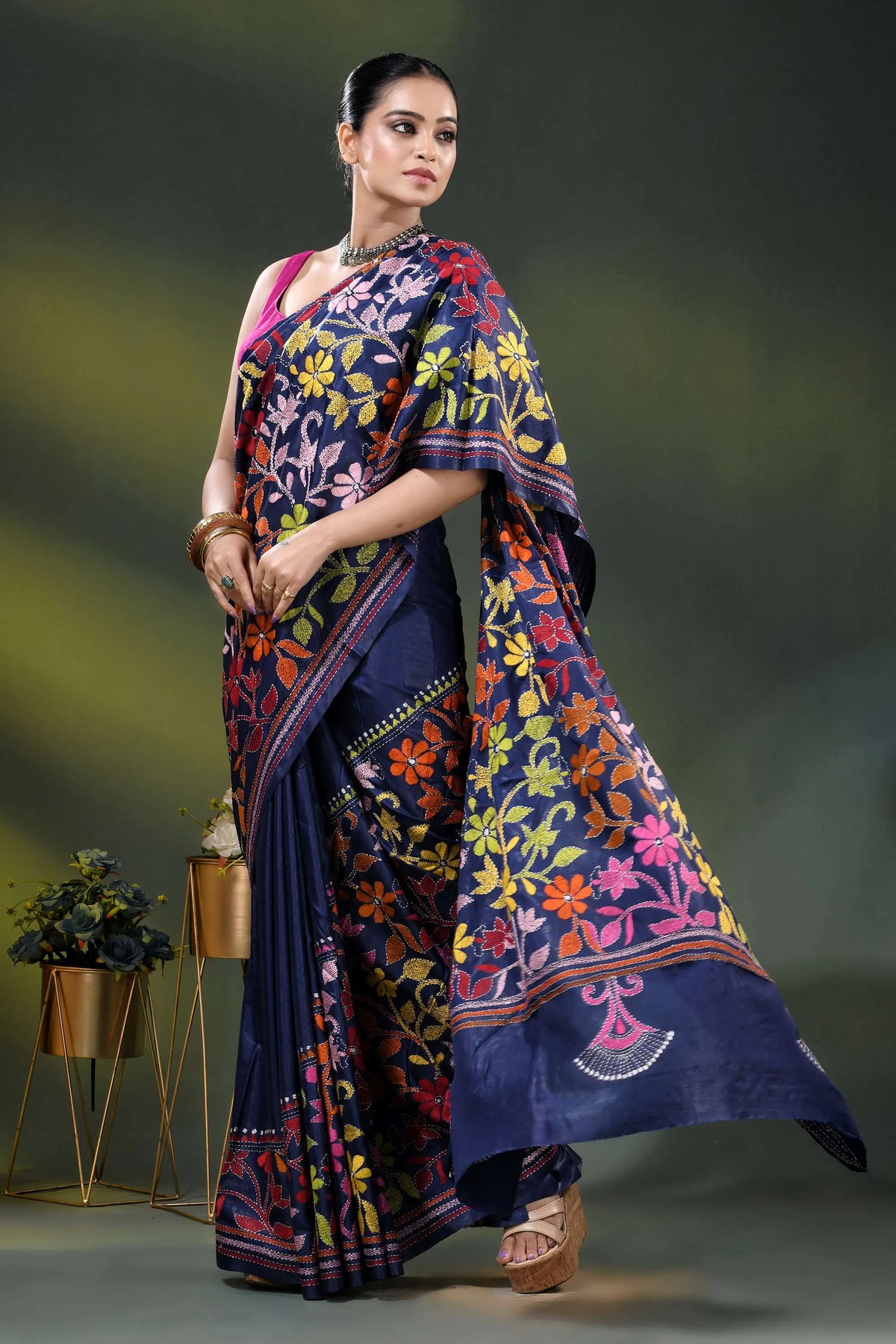 Navy blue silk kantha stitch saree with multicolor floral design 4