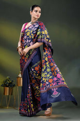 Navy blue silk kantha stitch saree with multicolor floral design 4
