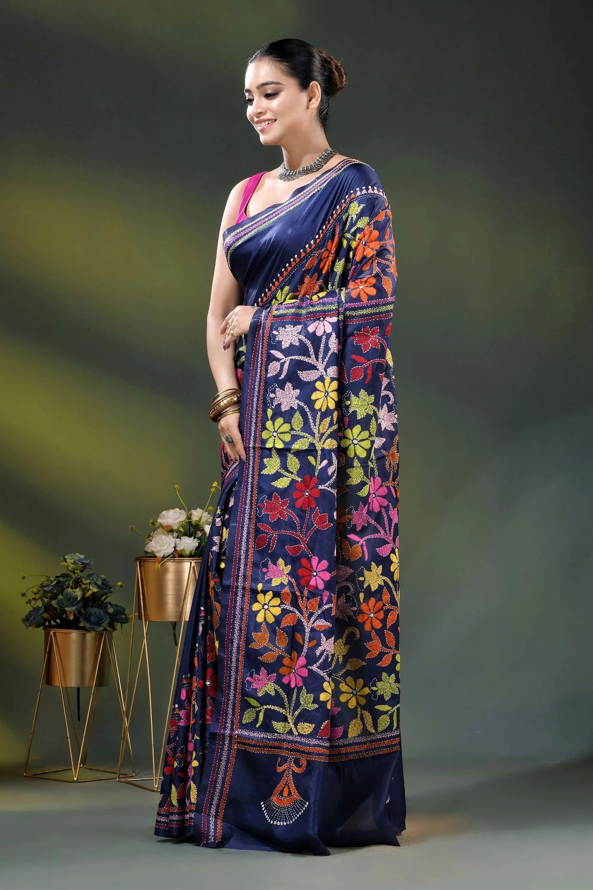 Navy blue silk kantha stitch saree with multicolor floral design 3