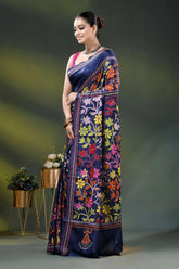 Navy blue silk kantha stitch saree with multicolor floral design 3