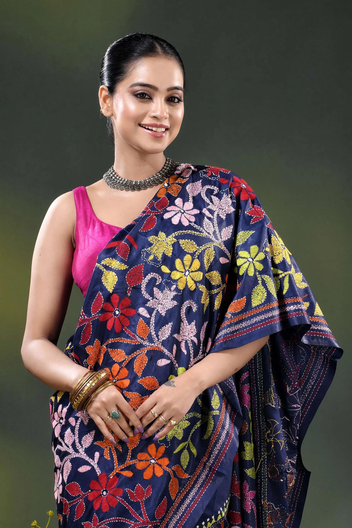 Navy blue silk kantha stitch saree with multicolor floral design 2