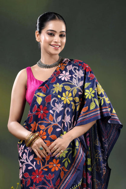 Navy blue silk kantha stitch saree with multicolor floral design 2