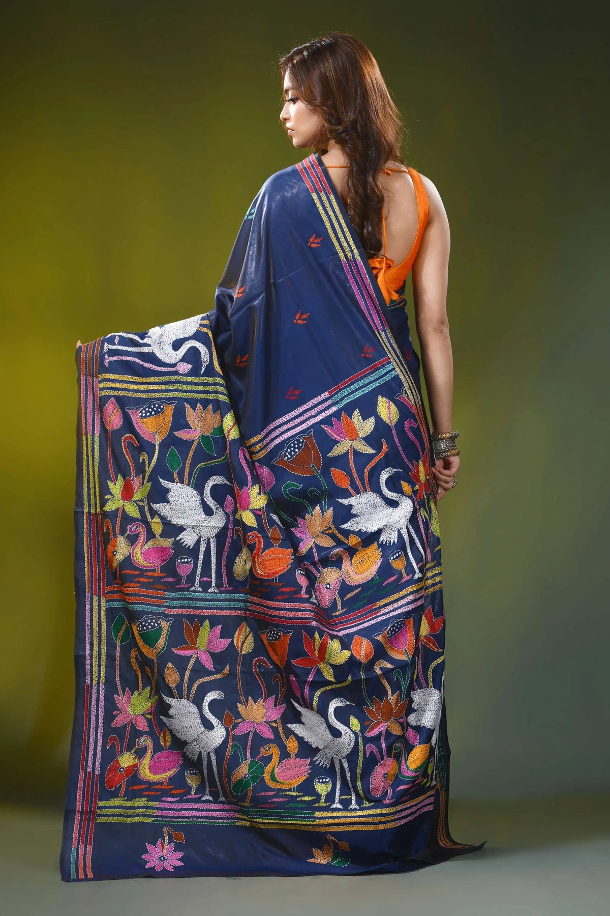 Navy blue silk kantha stitch saree with multicolor swan motif 5
