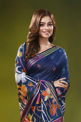 Navy blue silk kantha stitch saree with multicolor swan motif 2