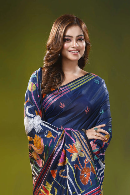 Navy blue silk kantha stitch saree with multicolor swan motif 2