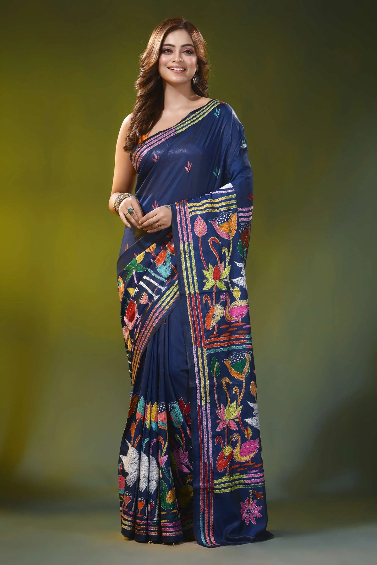 Navy blue silk kantha stitch saree with multicolor swan motif 6