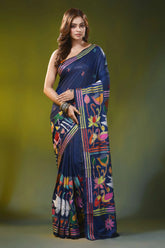 Navy blue silk kantha stitch saree with multicolor swan motif 1