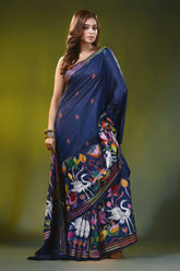 Navy blue silk kantha stitch saree with multicolor swan motif 4