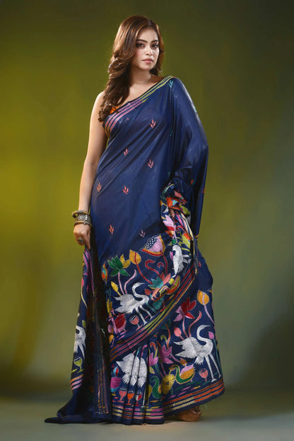 Navy blue silk kantha stitch saree with multicolor swan motif 4