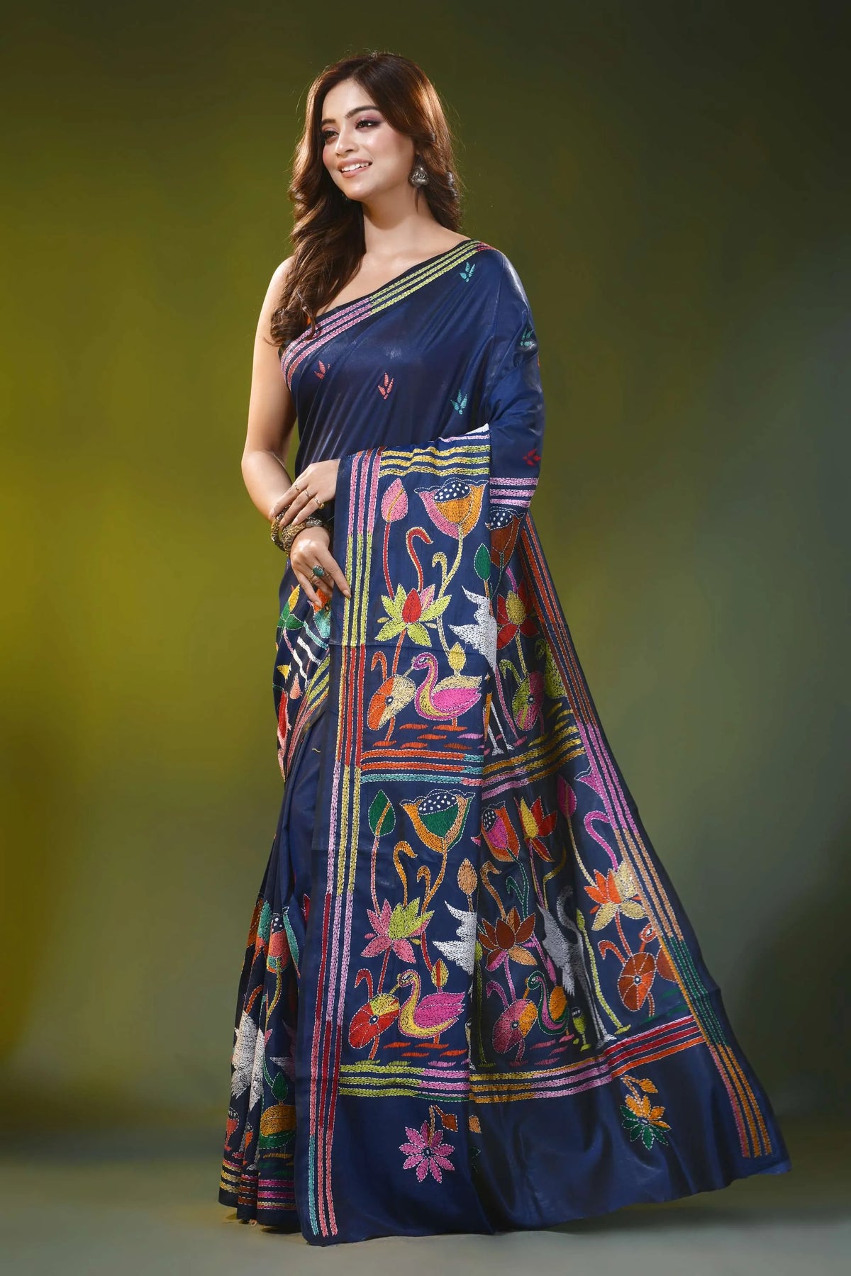 Navy blue silk kantha stitch saree with multicolor swan motif 3