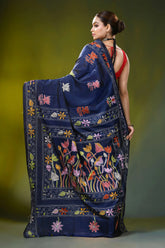 Navy blue silk kantha work saree - handcrafted floral design 5