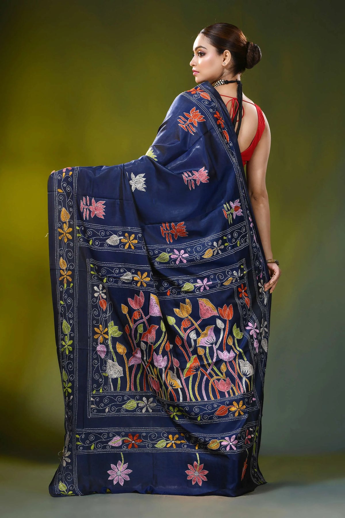Navy blue silk kantha work saree - handcrafted floral design 5