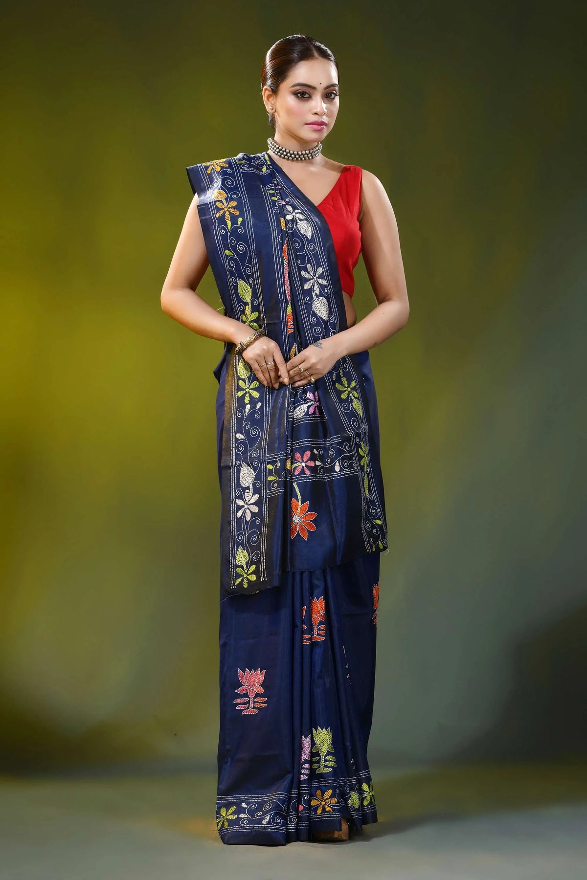 Navy blue silk kantha work saree - handcrafted floral design 4