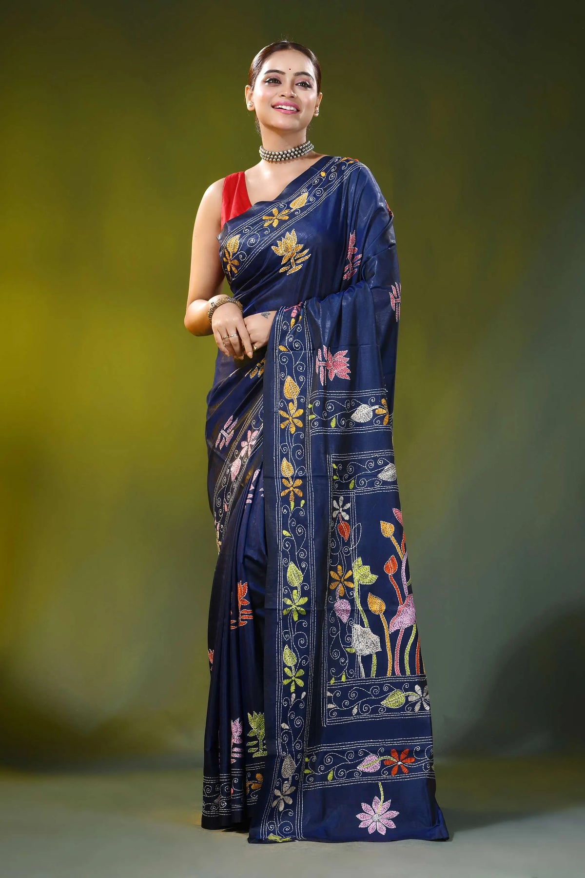 Navy blue silk kantha work saree - handcrafted floral design 6