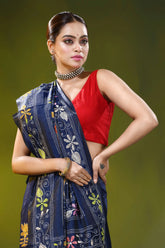 Navy blue silk kantha work saree - handcrafted floral design 2