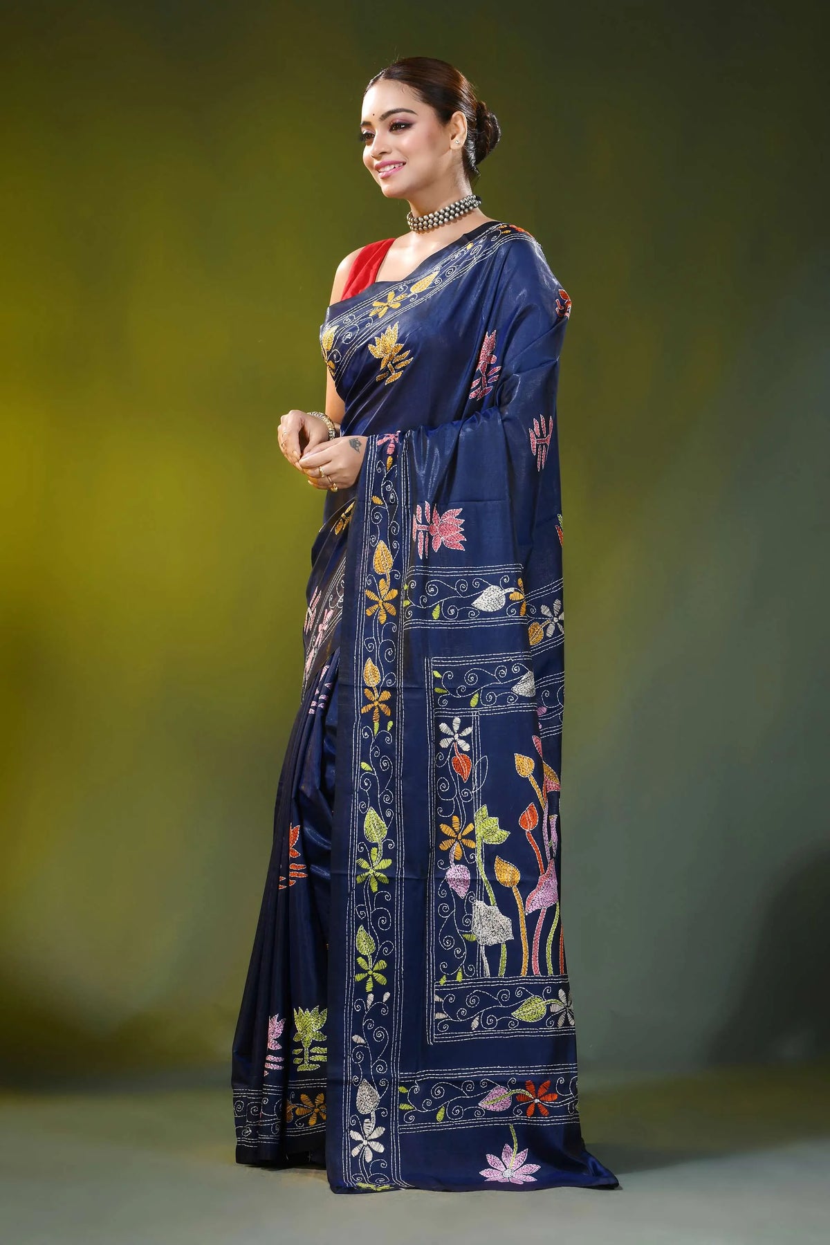 Navy blue silk kantha work saree - handcrafted floral design 3