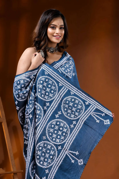 Navy blue silk kutch embroidered saree with ethnic motifs 2