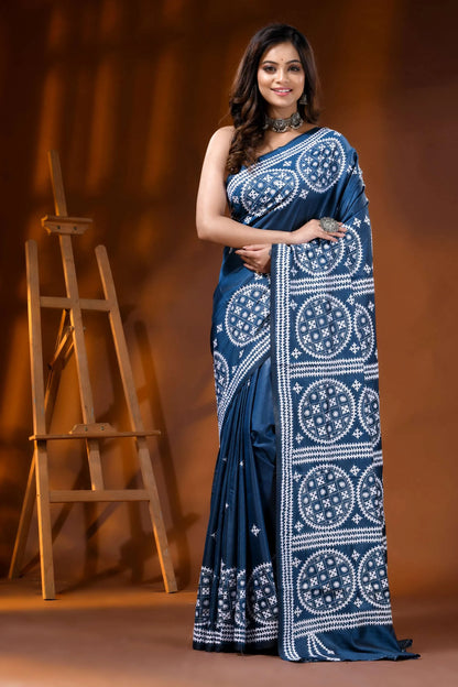 Navy blue silk kutch embroidered saree with ethnic motifs 1