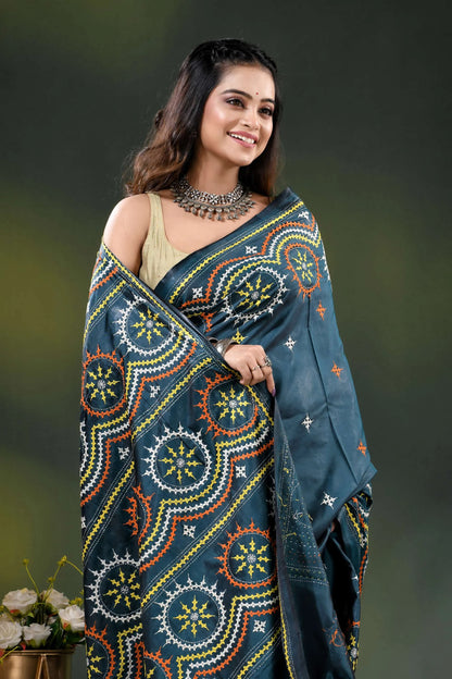 Navy blue silk kutch work saree with hand embroidered circular motifs 2