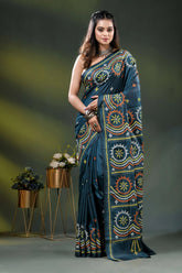 Navy blue silk kutch work saree with hand embroidered circular motifs 1