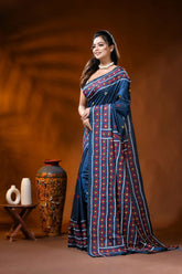 Navy blue silk kutch work saree with multicolor geometric motifs 3