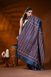 Navy blue silk kutch work saree with multicolor geometric motifs 4