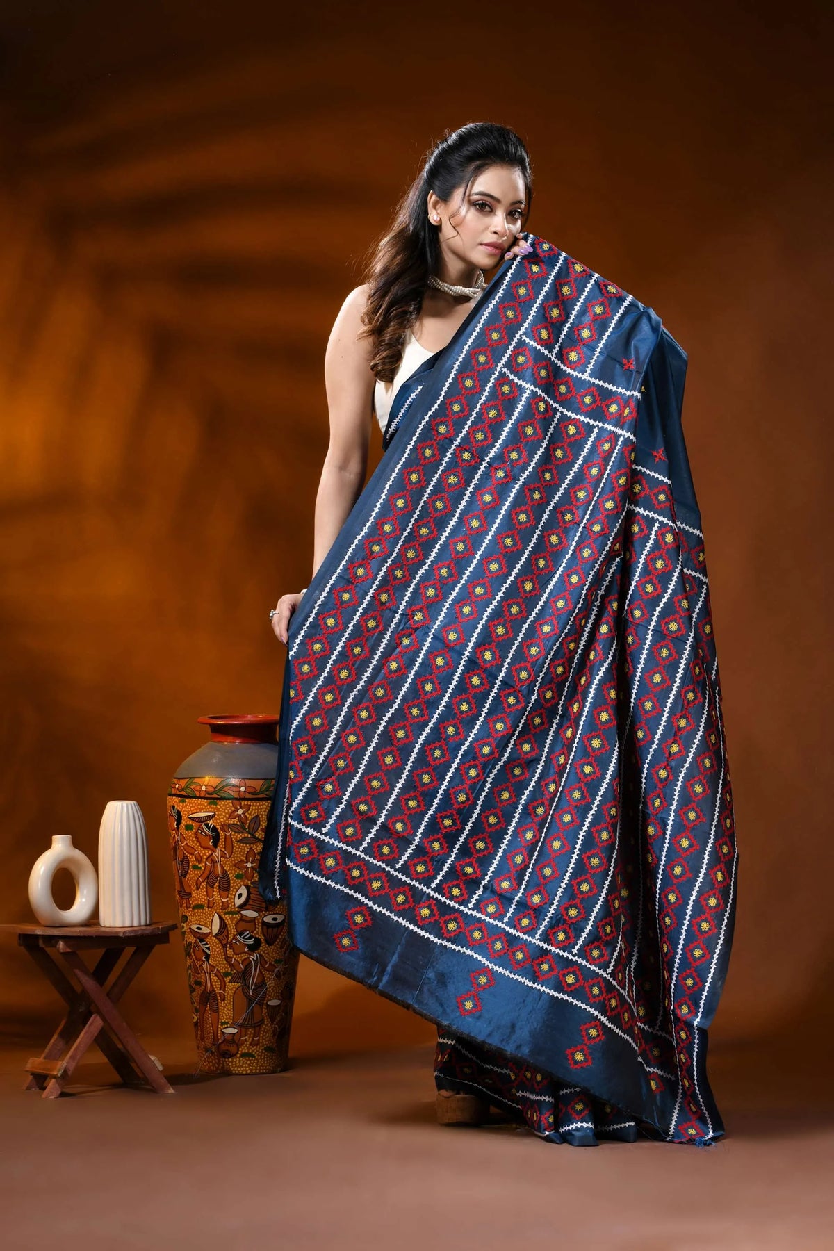Navy blue silk kutch work saree with multicolor geometric motifs 4
