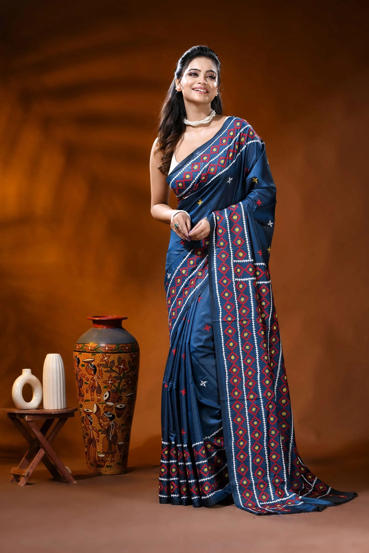 Navy blue silk kutch work saree with multicolor geometric motifs 6