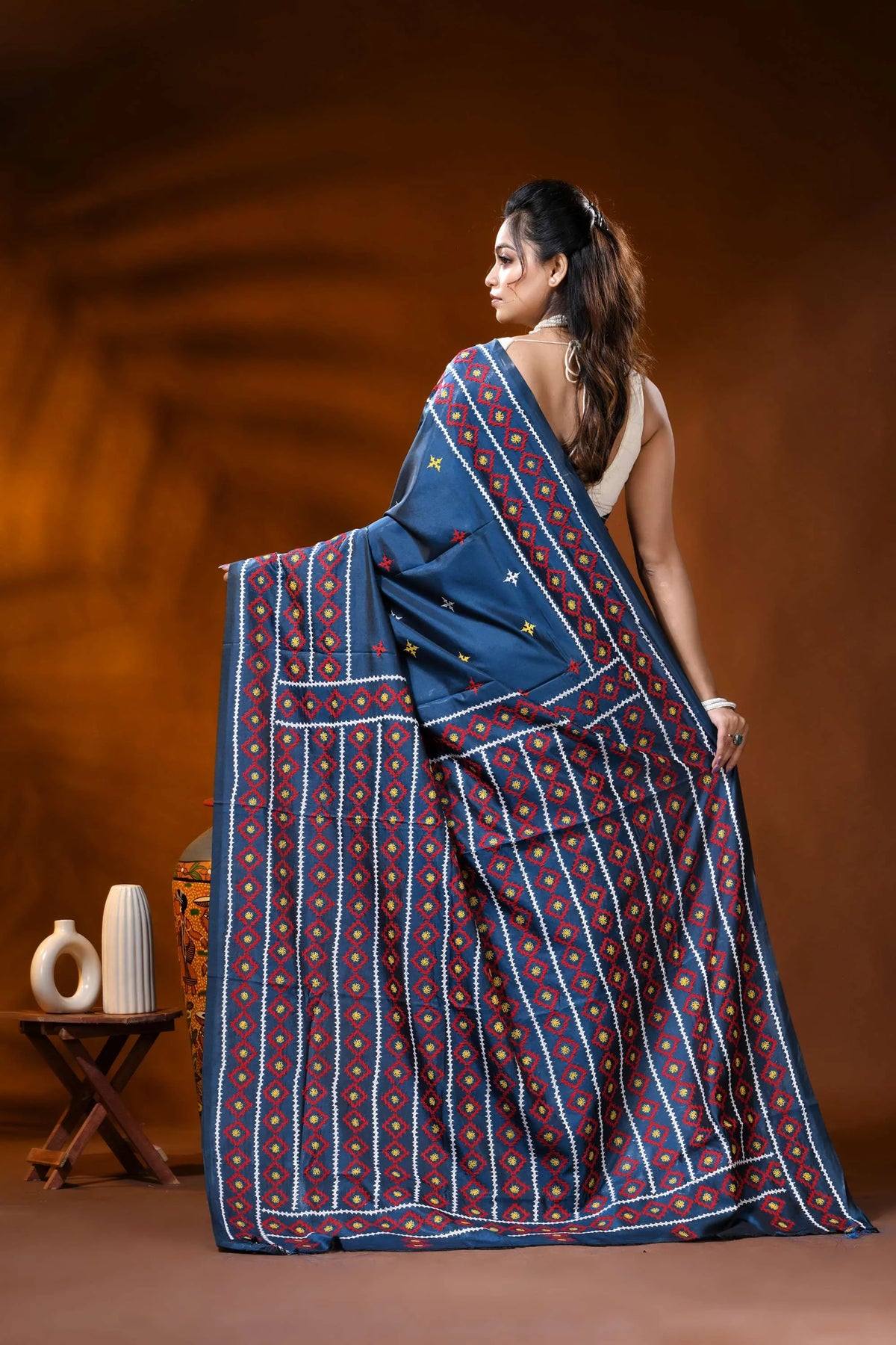 Navy blue silk kutch work saree with multicolor geometric motifs 5