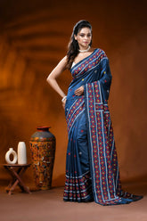 Navy blue silk kutch work saree with multicolor geometric motifs 1