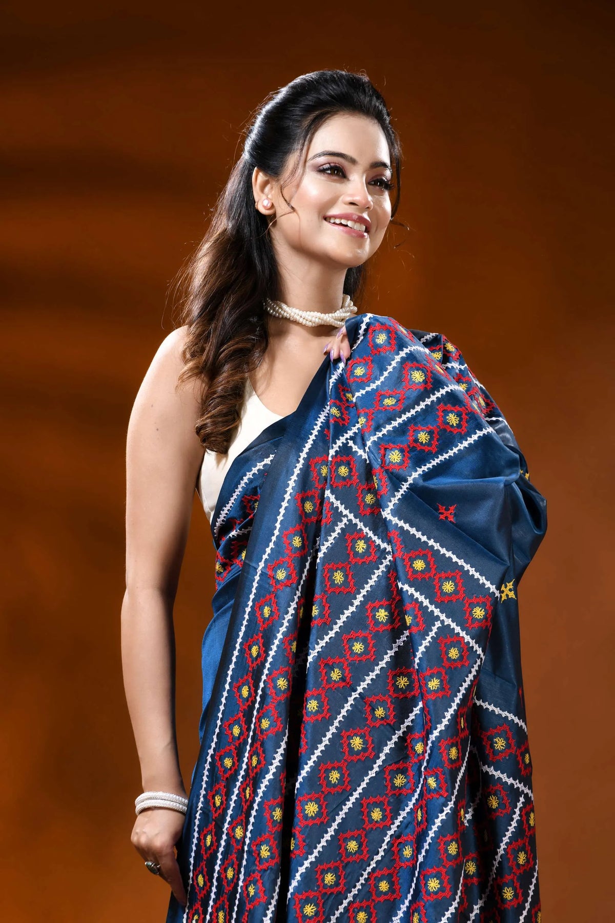 Navy blue silk kutch work saree with multicolor geometric motifs 2