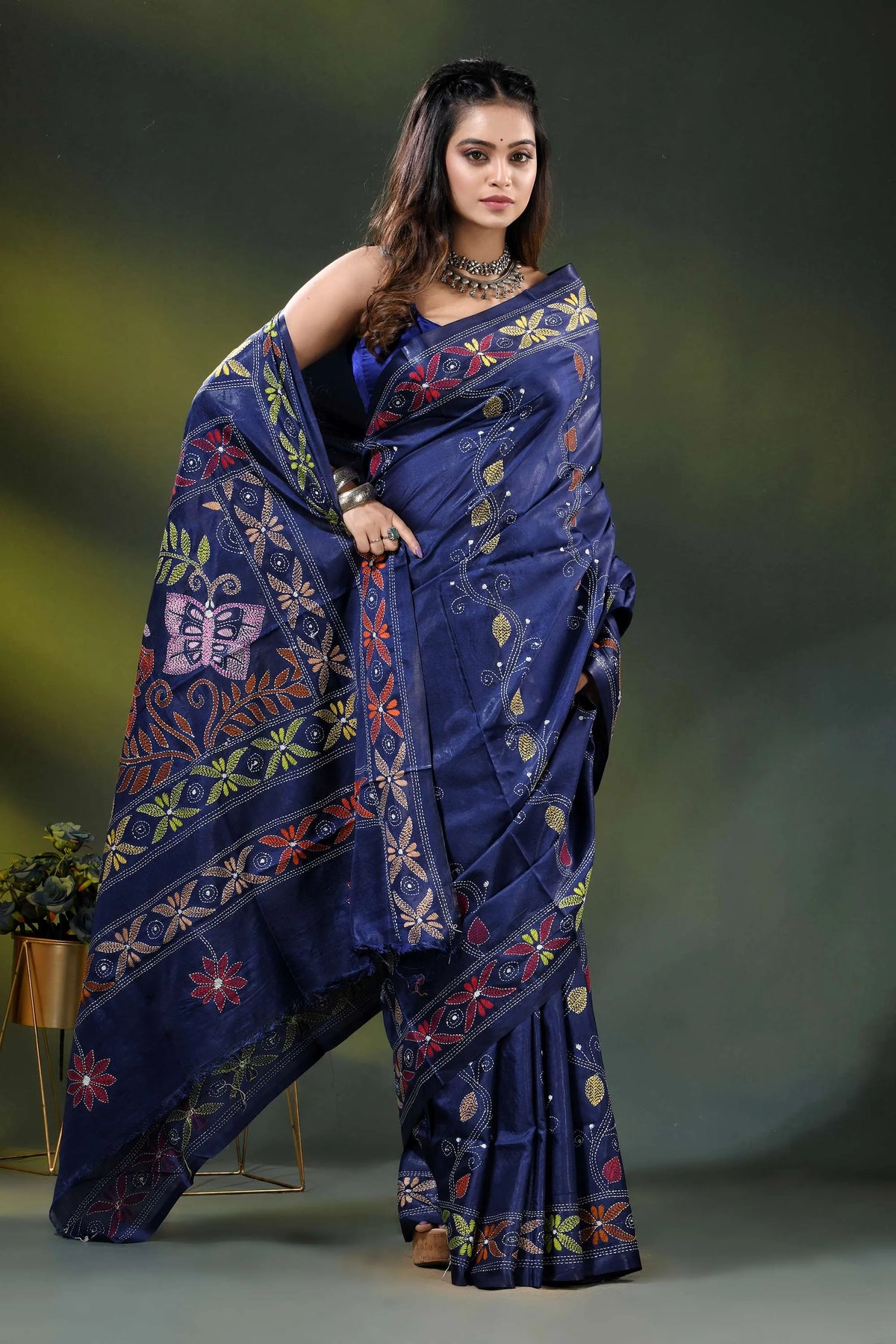 Navy blue silk saree with butterfly design multicolor kantha embroidery 4
