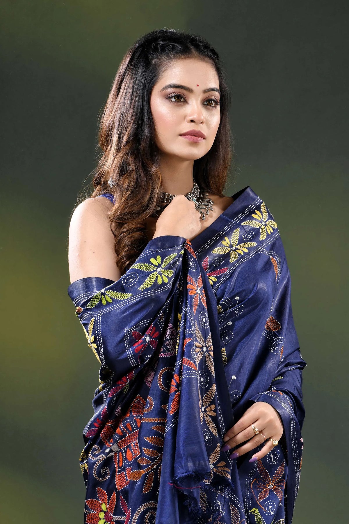 Navy blue silk saree with butterfly design multicolor kantha embroidery 2