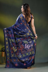 Navy blue silk saree with butterfly design multicolor kantha embroidery 5