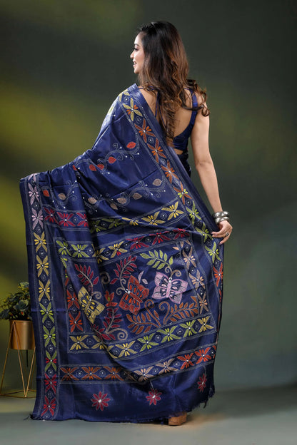Navy blue silk saree with butterfly design multicolor kantha embroidery 5